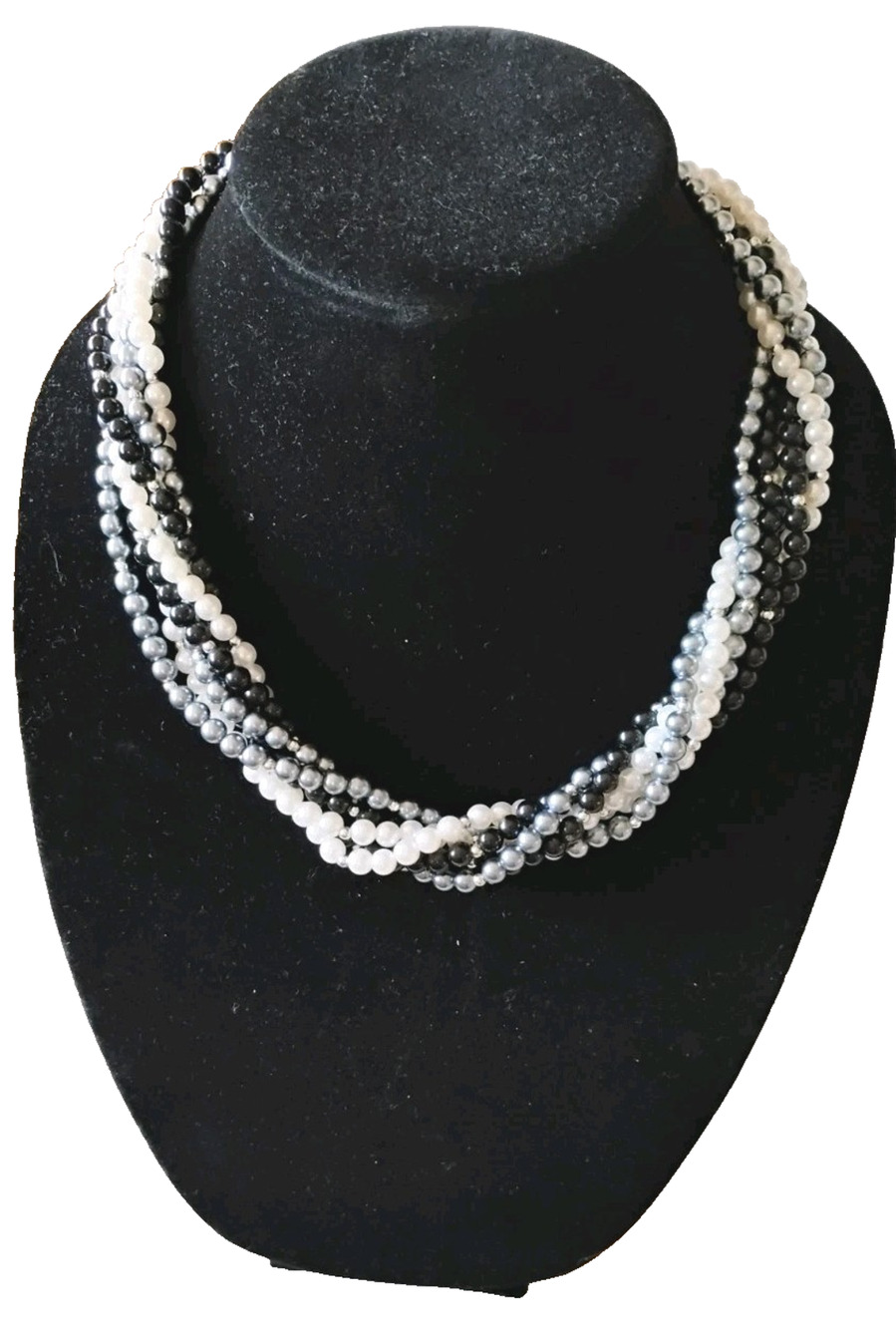 Multi Strand Beaded Necklace Black White Gray Twisted Statement 20"